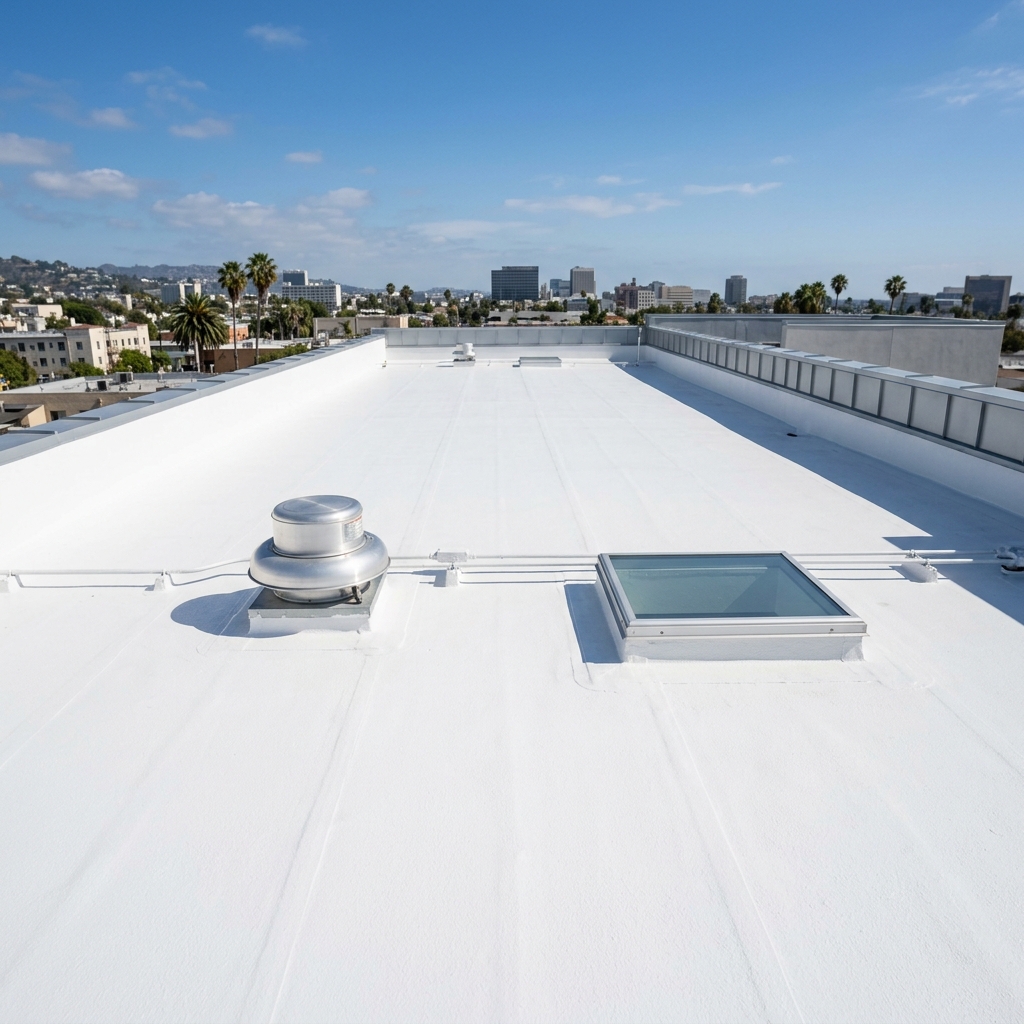 Flat roof with white elastomeric cool roof coating