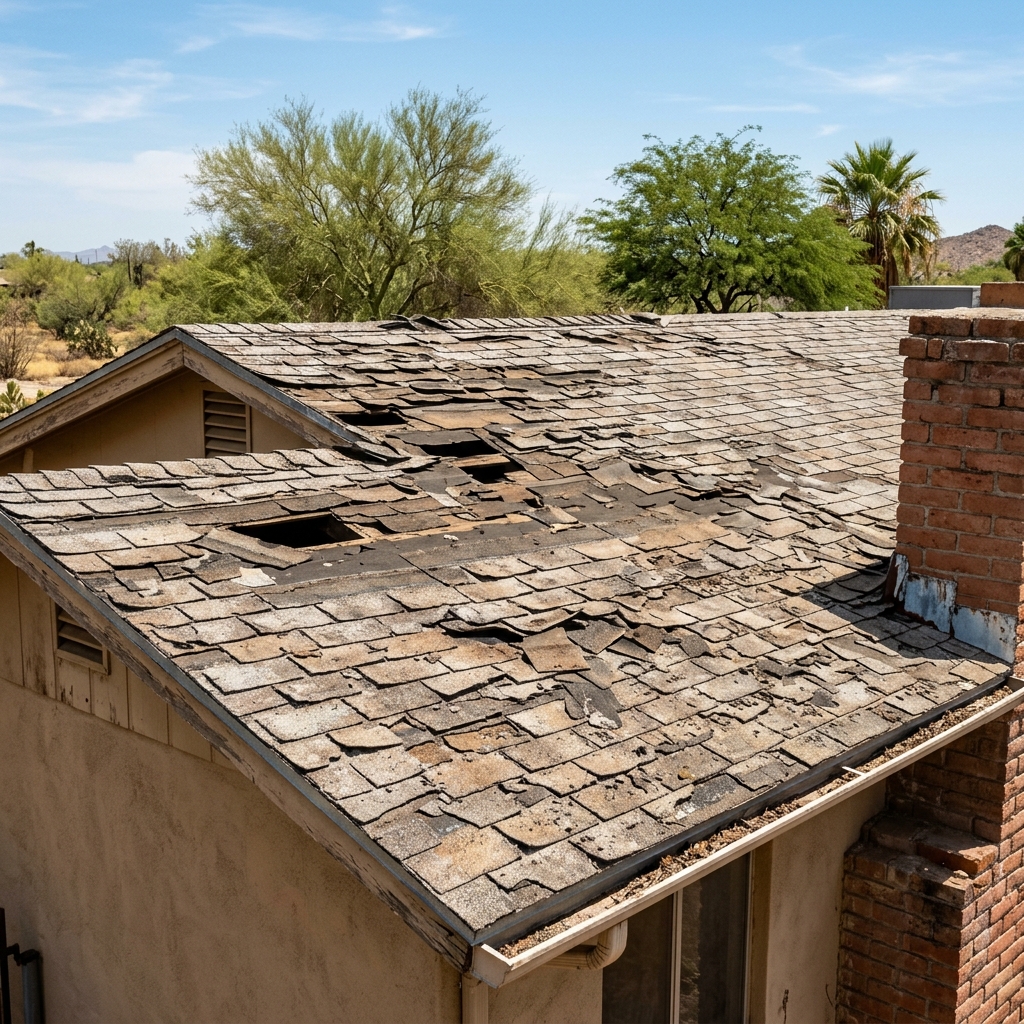 Damaged shingle roof before replacement